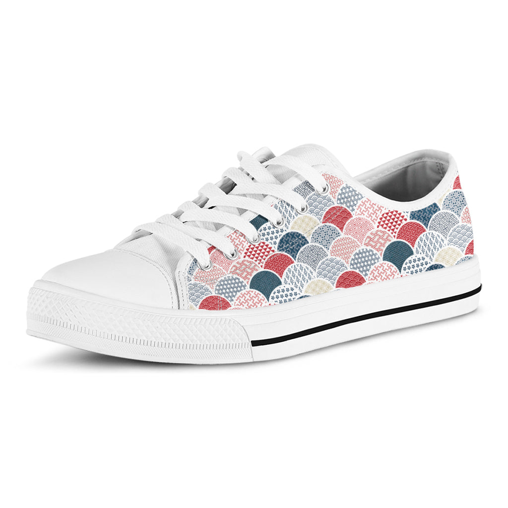 Japanese Geometric Pattern Print White Low Top Shoes