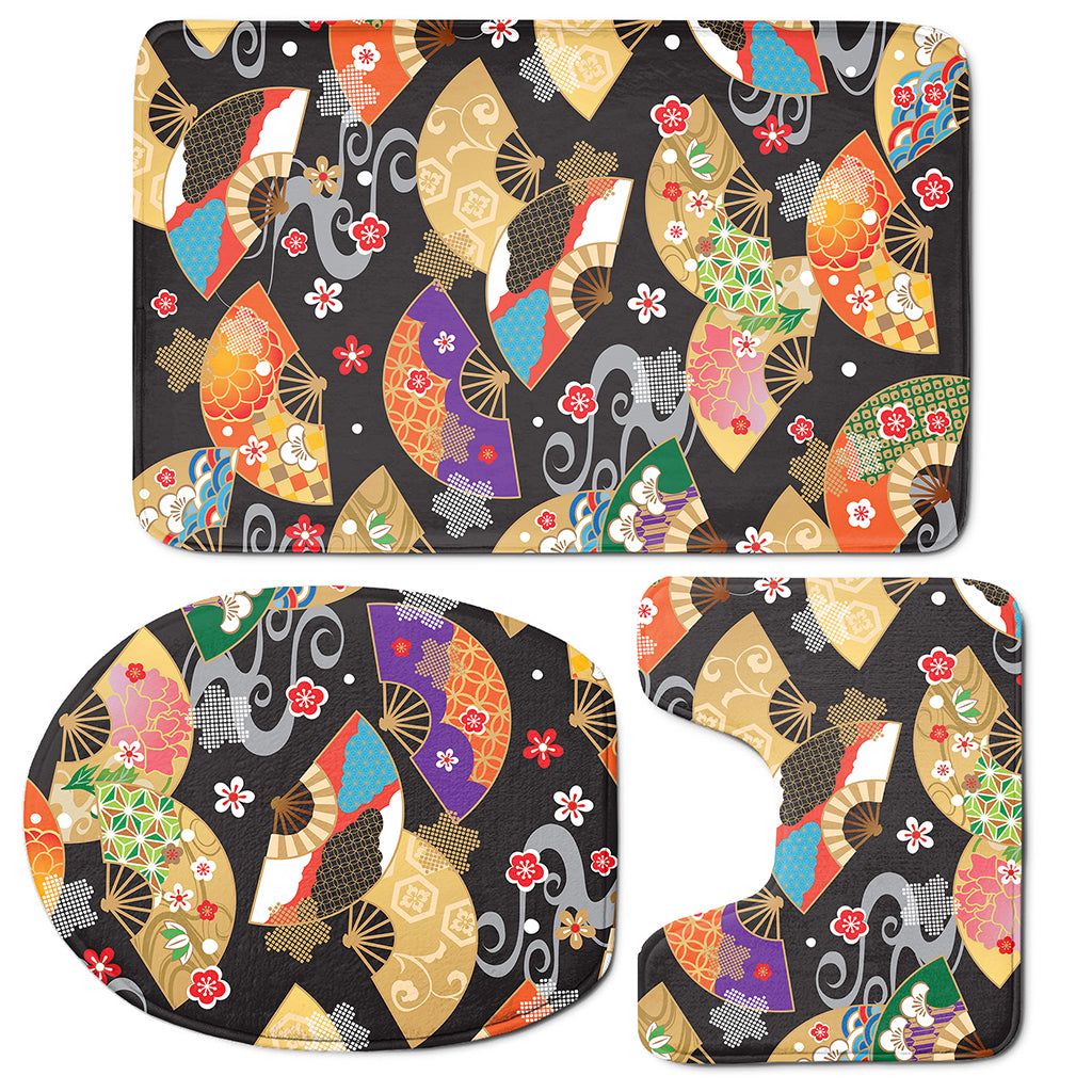 Japanese Hand Fan Pattern Print 3 Piece Bath Mat Set