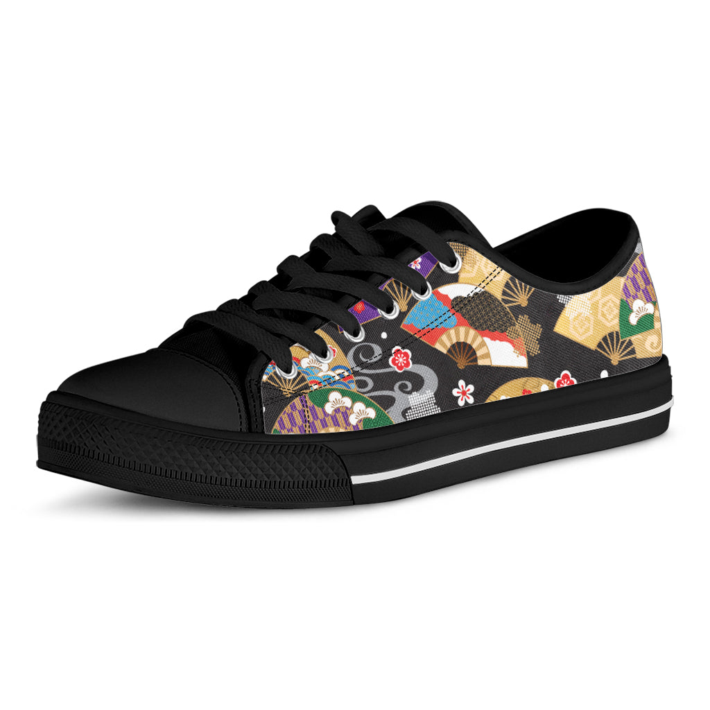 Japanese Hand Fan Pattern Print Black Low Top Shoes