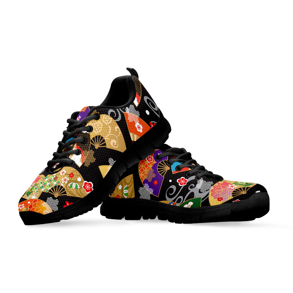 Japanese Hand Fan Pattern Print Black Sneakers