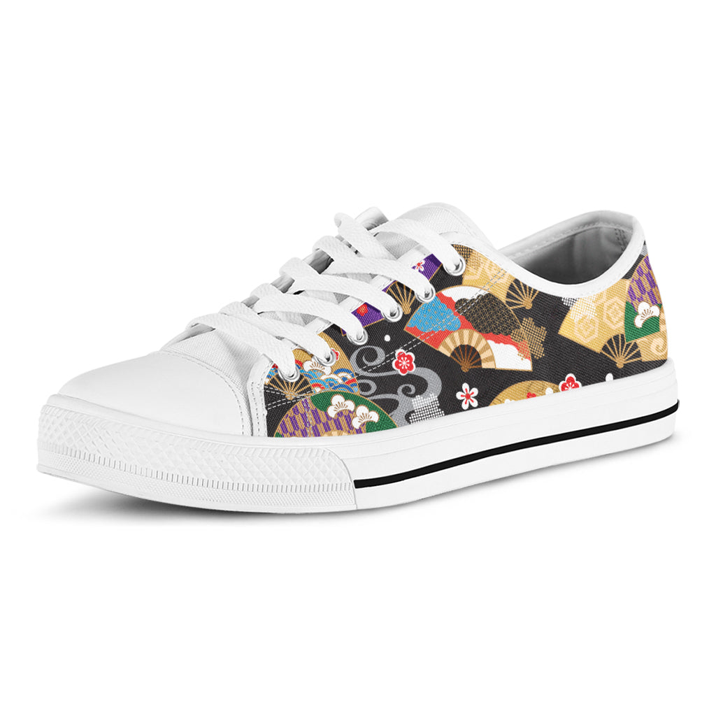 Japanese Hand Fan Pattern Print White Low Top Shoes