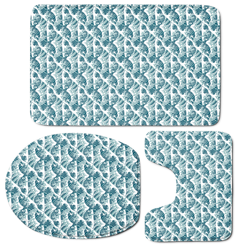 Japanese Kanagawa Wave Pattern Print 3 Piece Bath Mat Set