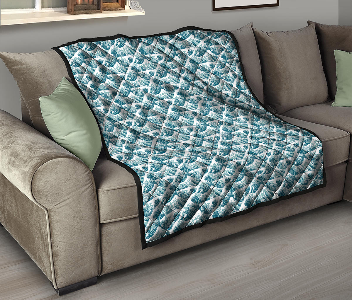 Japanese Kanagawa Wave Pattern Print Quilt