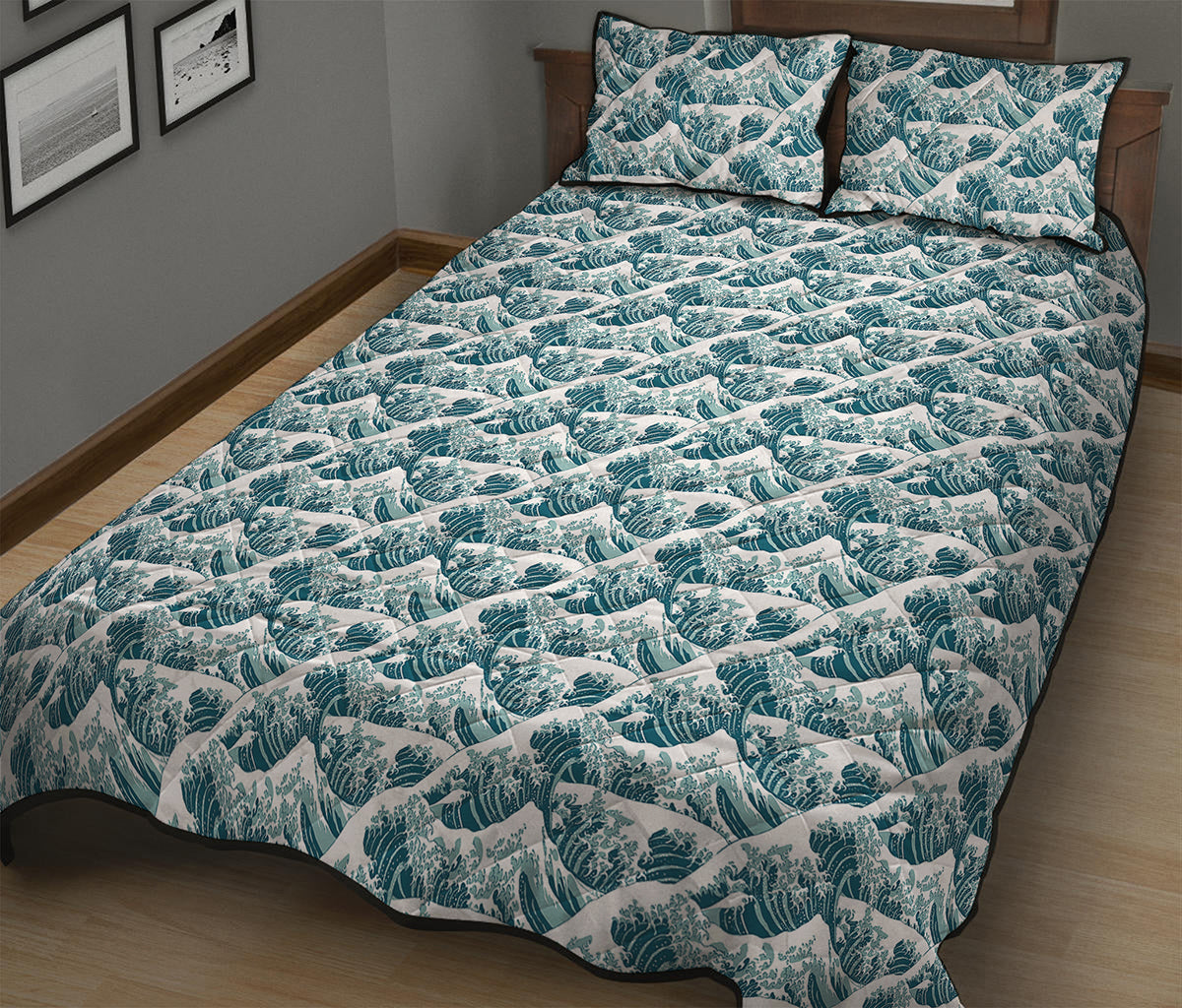 Japanese Kanagawa Wave Pattern Print Quilt Bed Set
