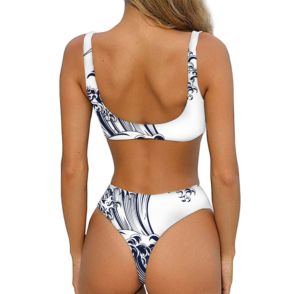 Japanese Kanagawa Wave Print Front Bow Tie Bikini