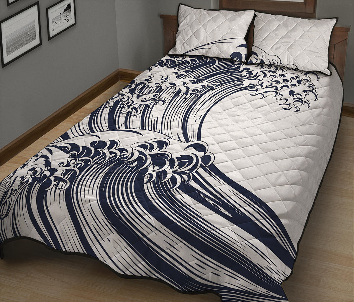 Japanese Kanagawa Wave Print Quilt Bed Set