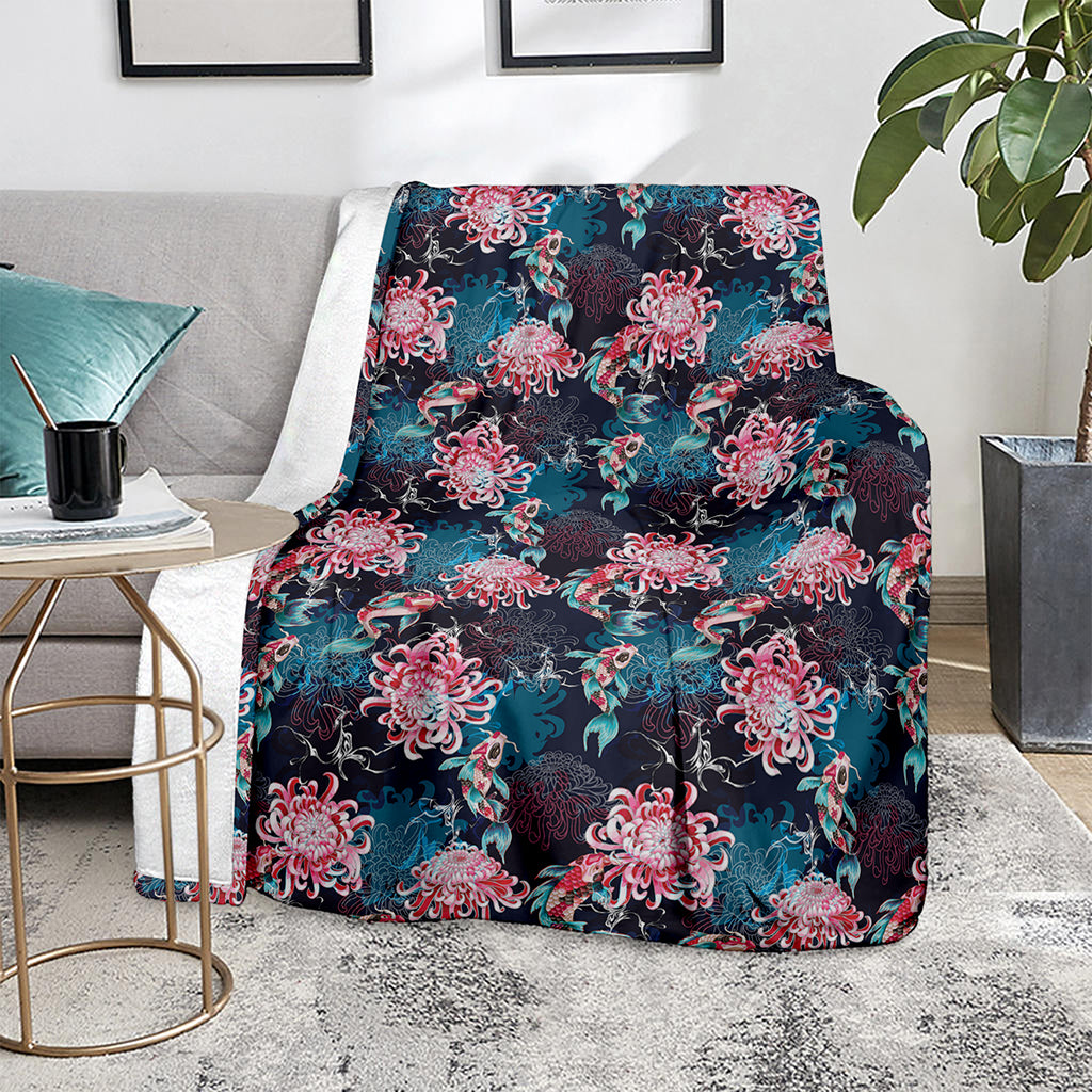 Japanese Koi And Chrysanthemums Print Blanket