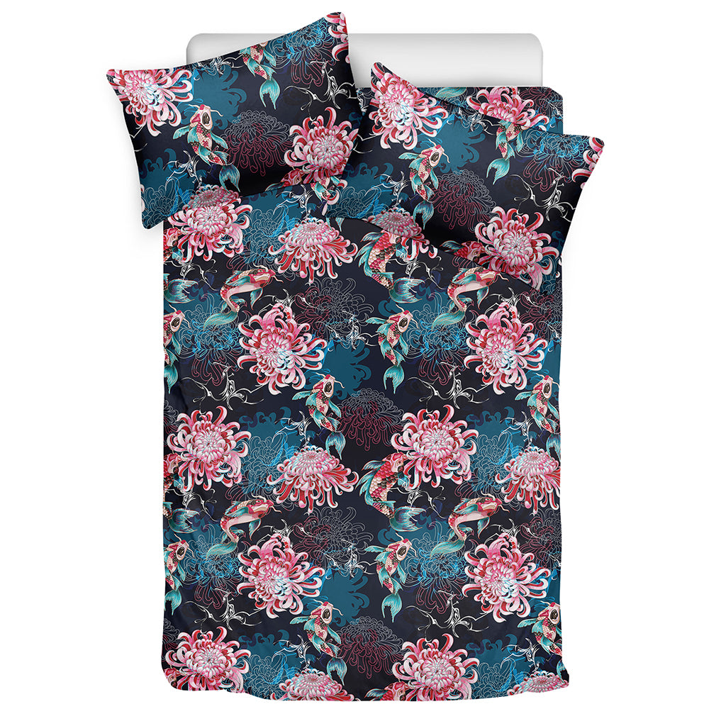Japanese Koi And Chrysanthemums Print Duvet Cover Bedding Set
