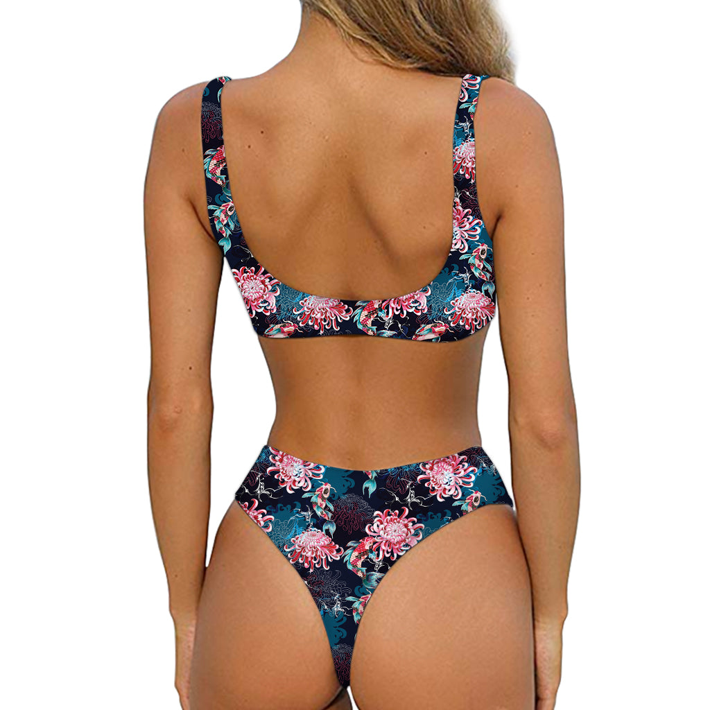 Japanese Koi And Chrysanthemums Print Front Bow Tie Bikini