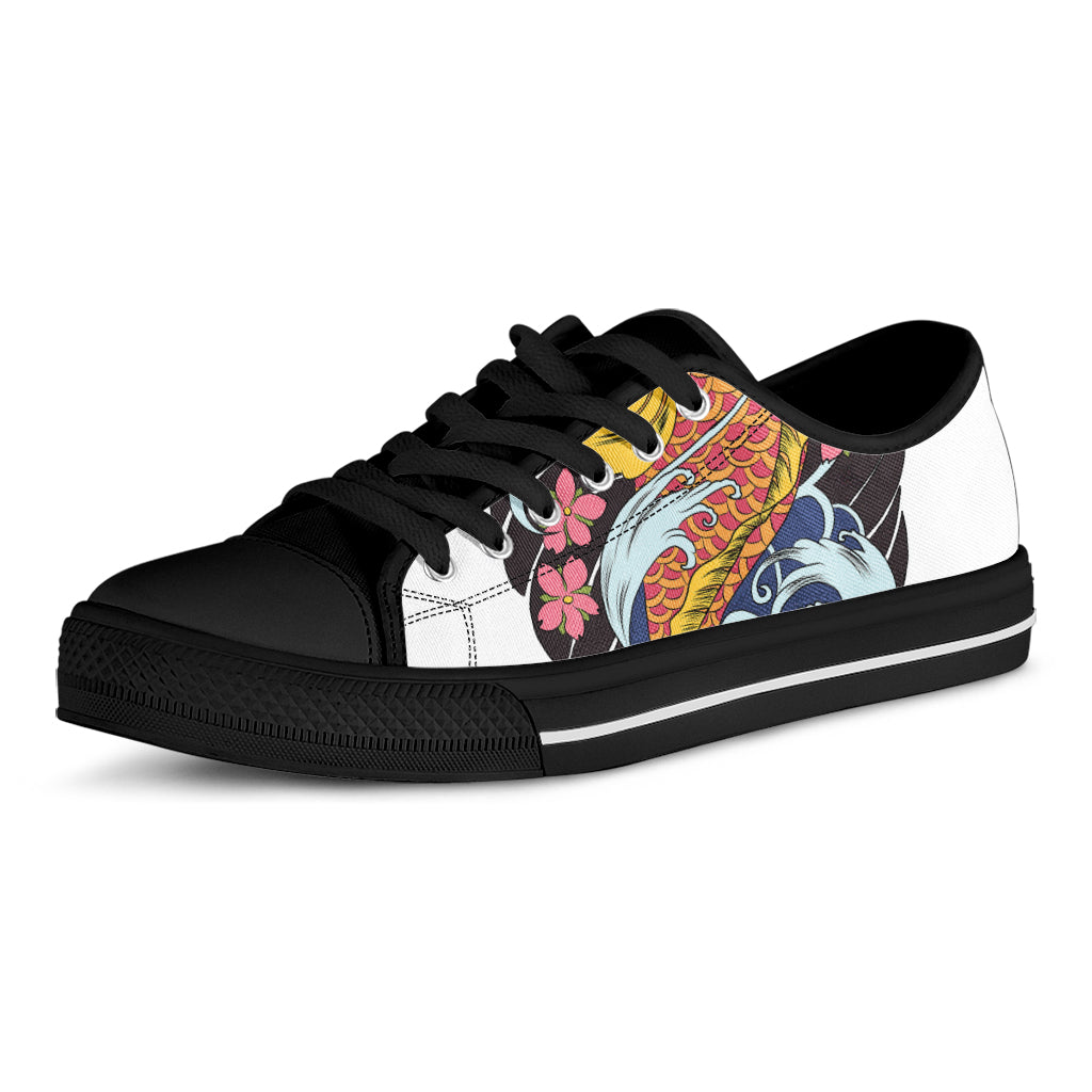 Japanese Koi And Flower Tattoo Print Black Low Top Shoes