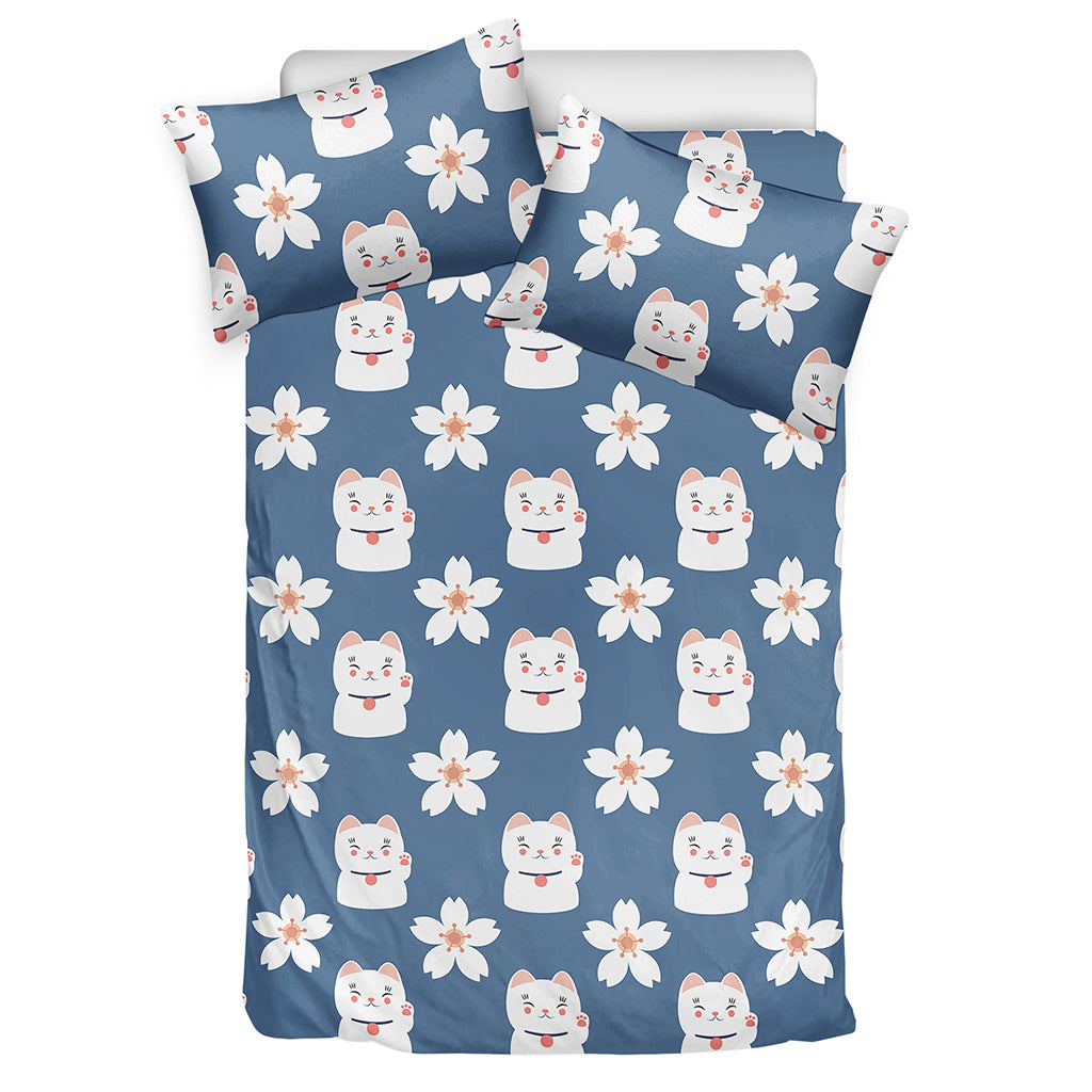 Japanese Lucky Cat And Sakura Print Duvet Cover Bedding Set