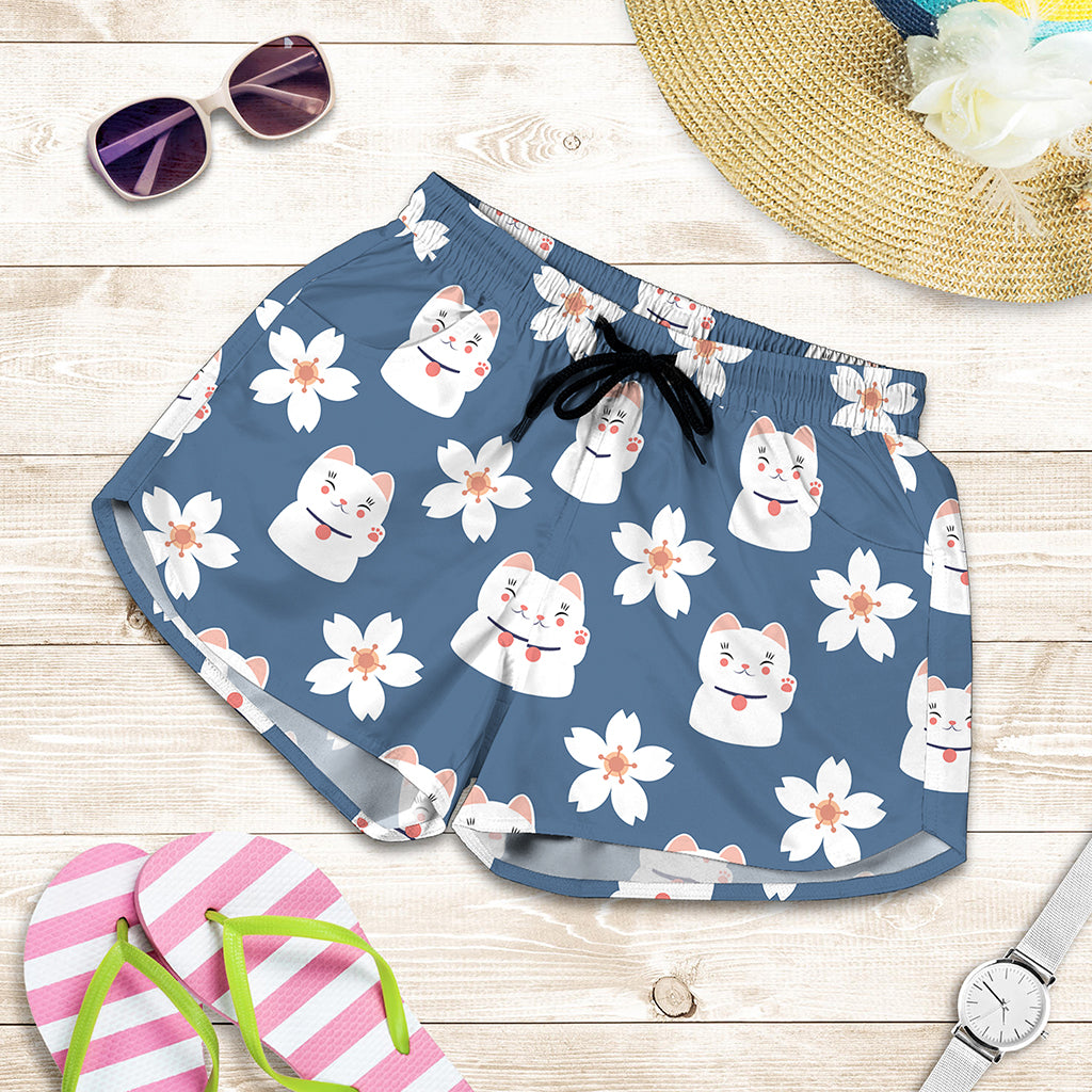 Japanese Lucky Cat And Sakura Print Women's Shorts