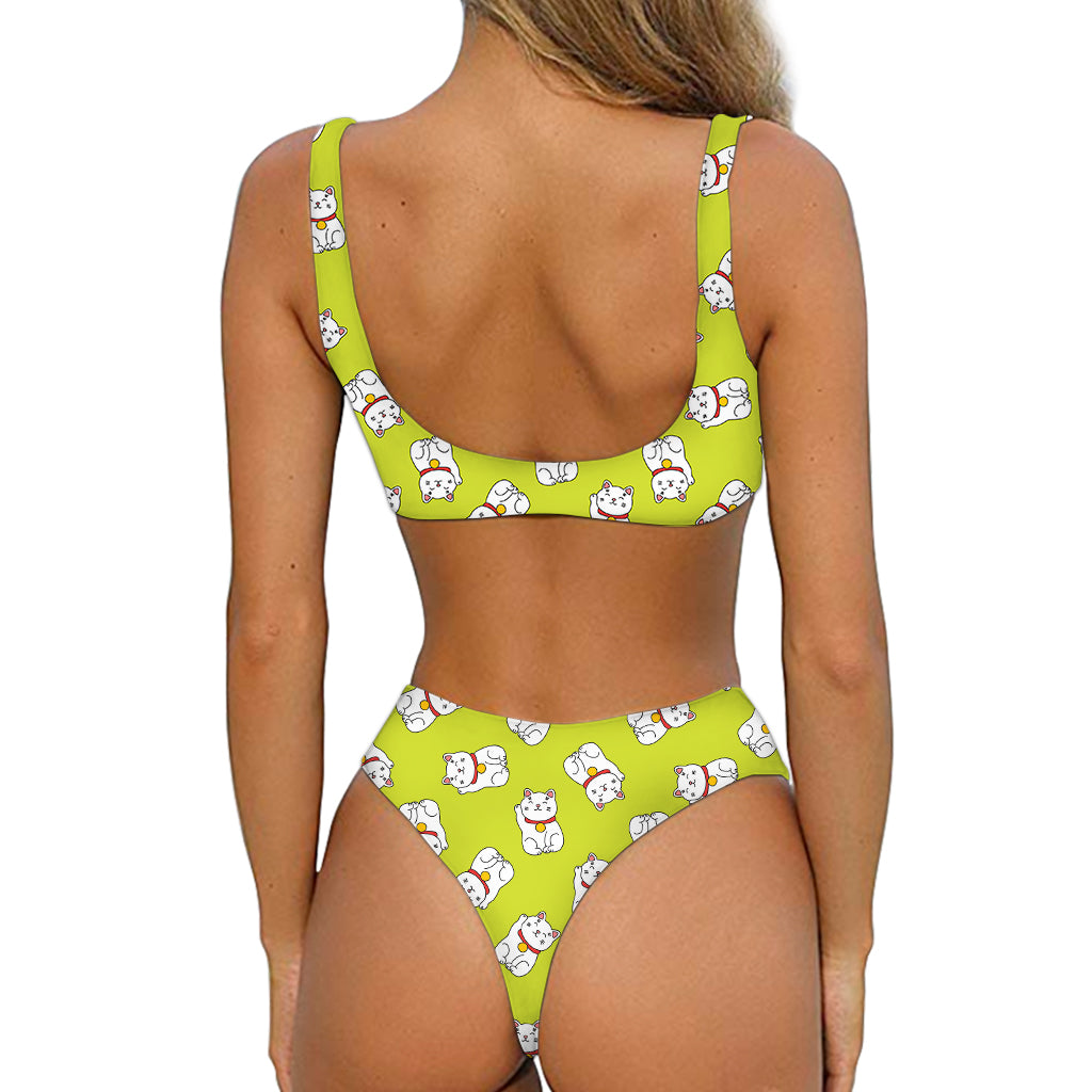 Japanese Lucky Cat Cartoon Print Front Bow Tie Bikini