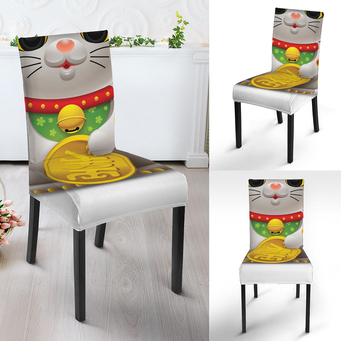 Japanese Lucky Cat Maneki Neko Print Dining Chair Slipcover