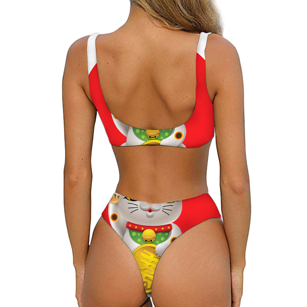 Japanese Lucky Cat Maneki Neko Print Front Bow Tie Bikini