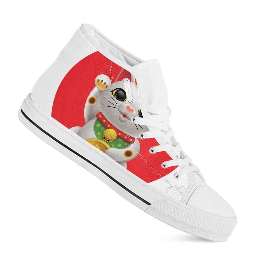 Japanese Lucky Cat Maneki Neko Print White High Top Shoes