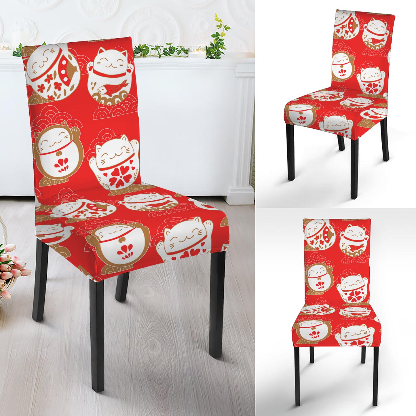 Japanese Lucky Cat Pattern Print Dining Chair Slipcover