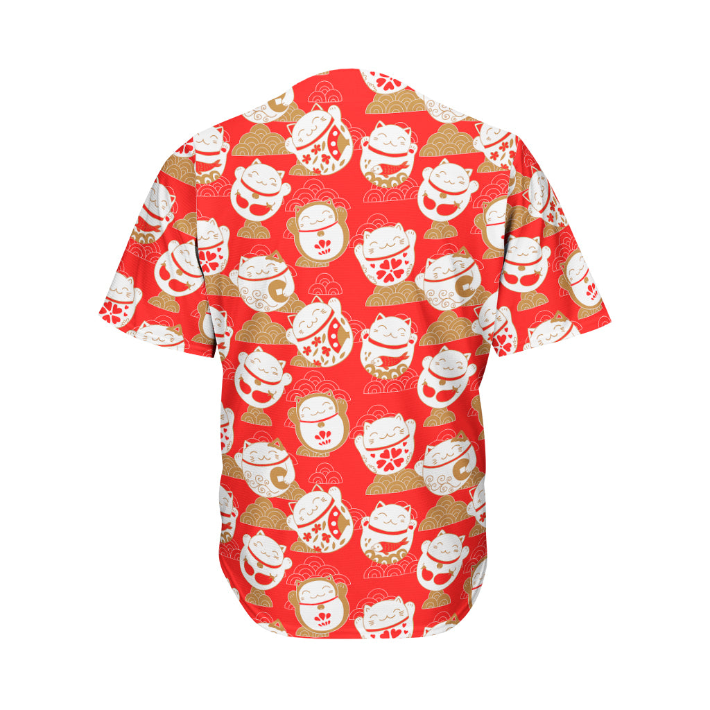 Japanese Lucky Cat Pattern Print Men's Baseball Jersey