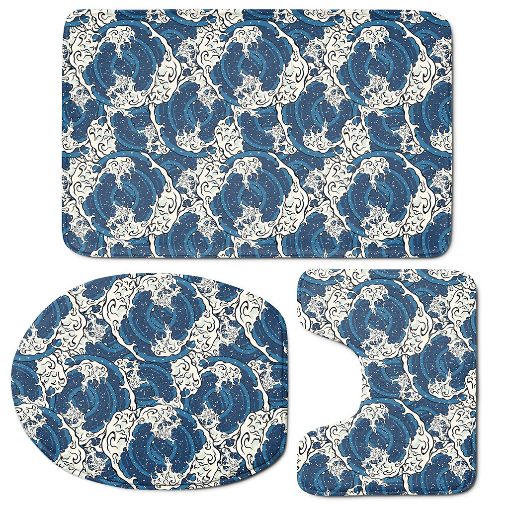 Japanese Ocean Wave Pattern Print 3 Piece Bath Mat Set