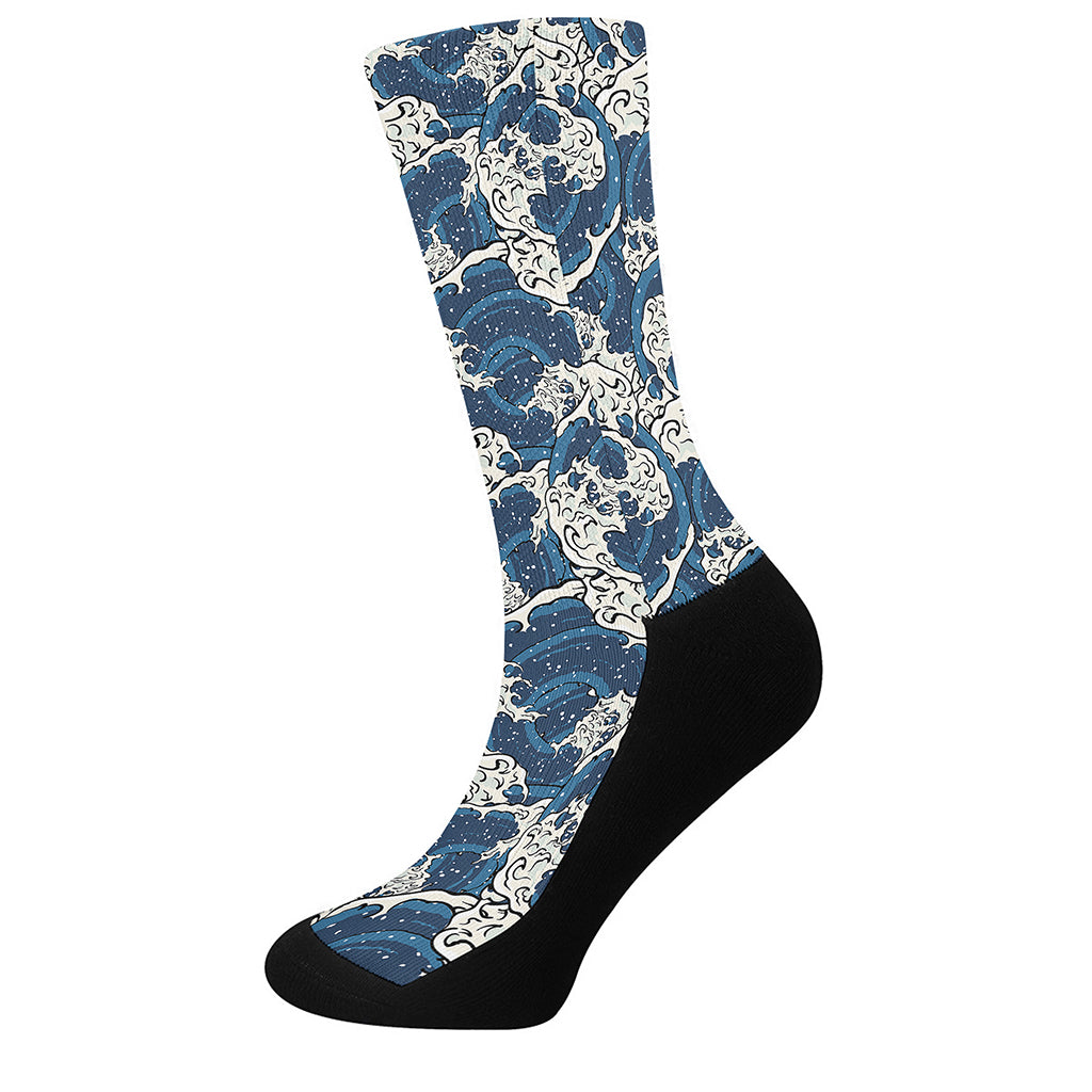 Japanese Ocean Wave Pattern Print Crew Socks