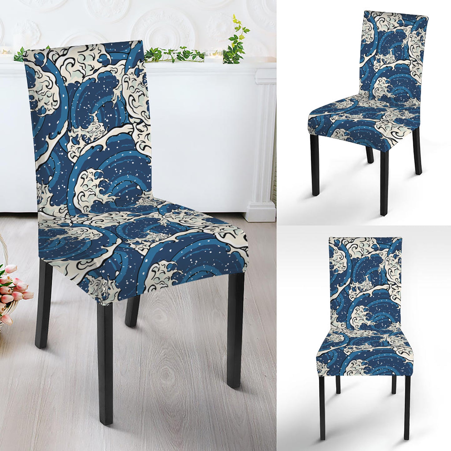 Japanese Ocean Wave Pattern Print Dining Chair Slipcover