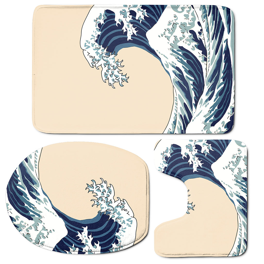 Japanese Ocean Wave Print 3 Piece Bath Mat Set