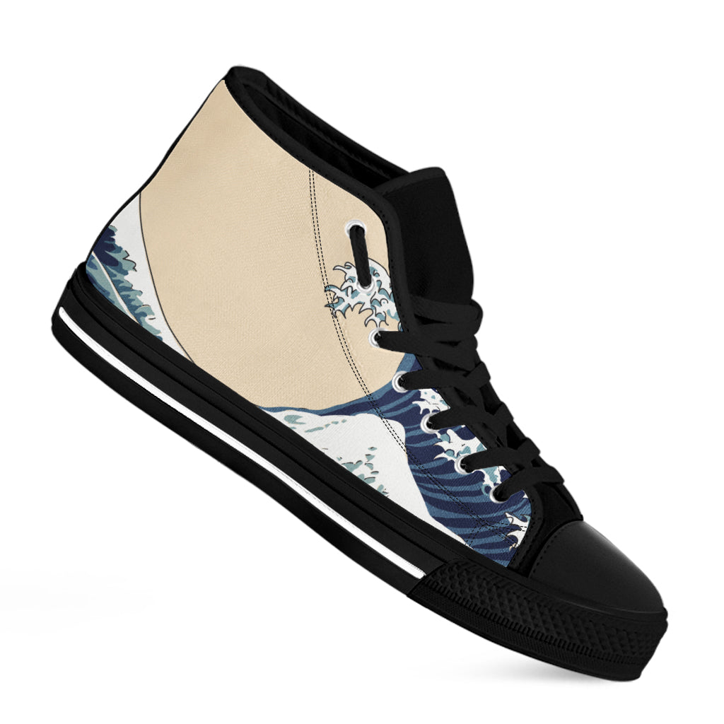 Japanese Ocean Wave Print Black High Top Shoes