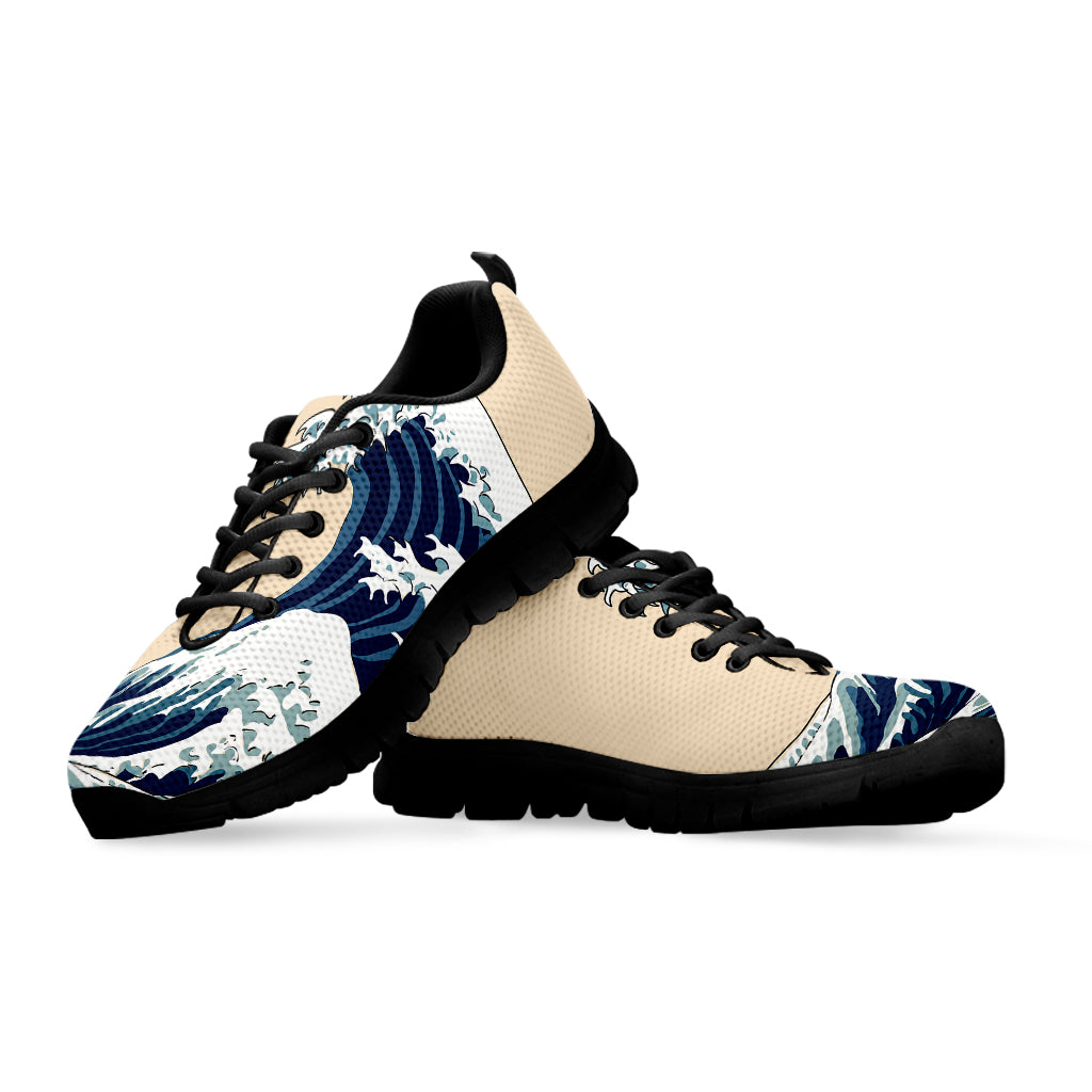 Japanese Ocean Wave Print Black Sneakers