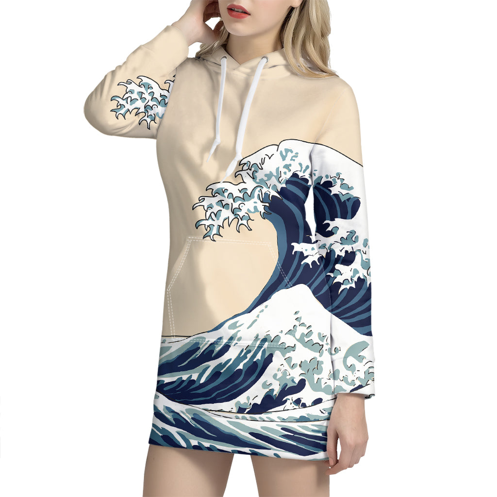 Japanese Ocean Wave Print Pullover Hoodie Dress