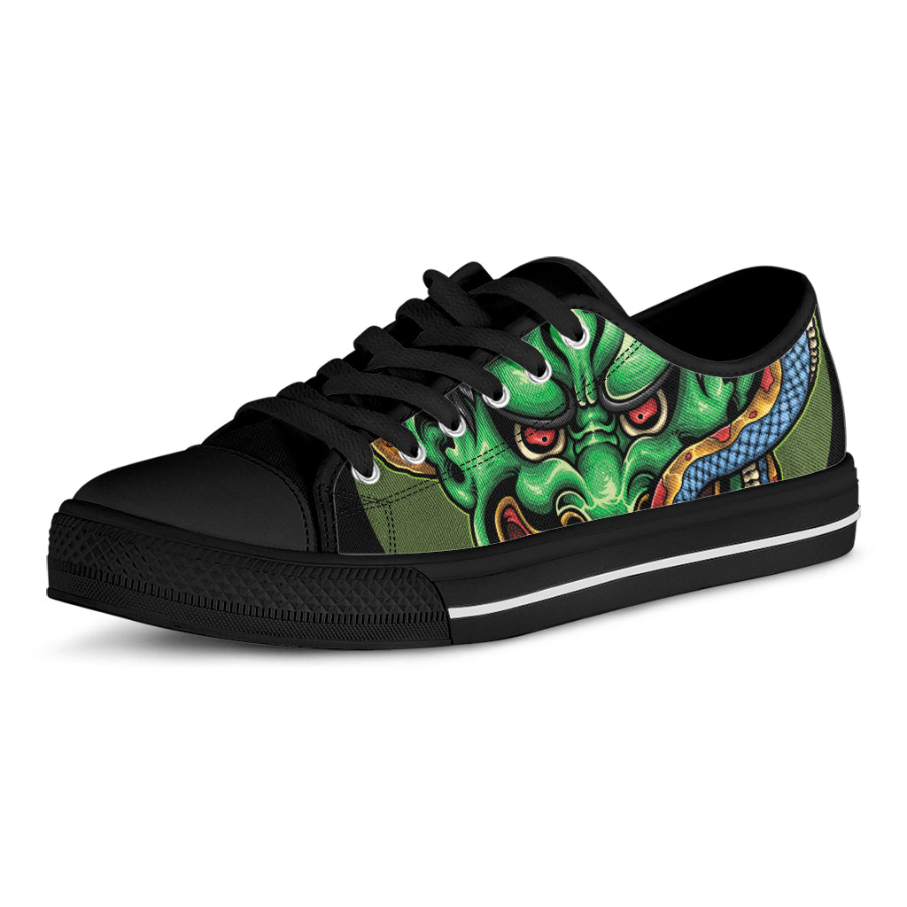 Japanese Oni Demon With Snake Print Black Low Top Shoes