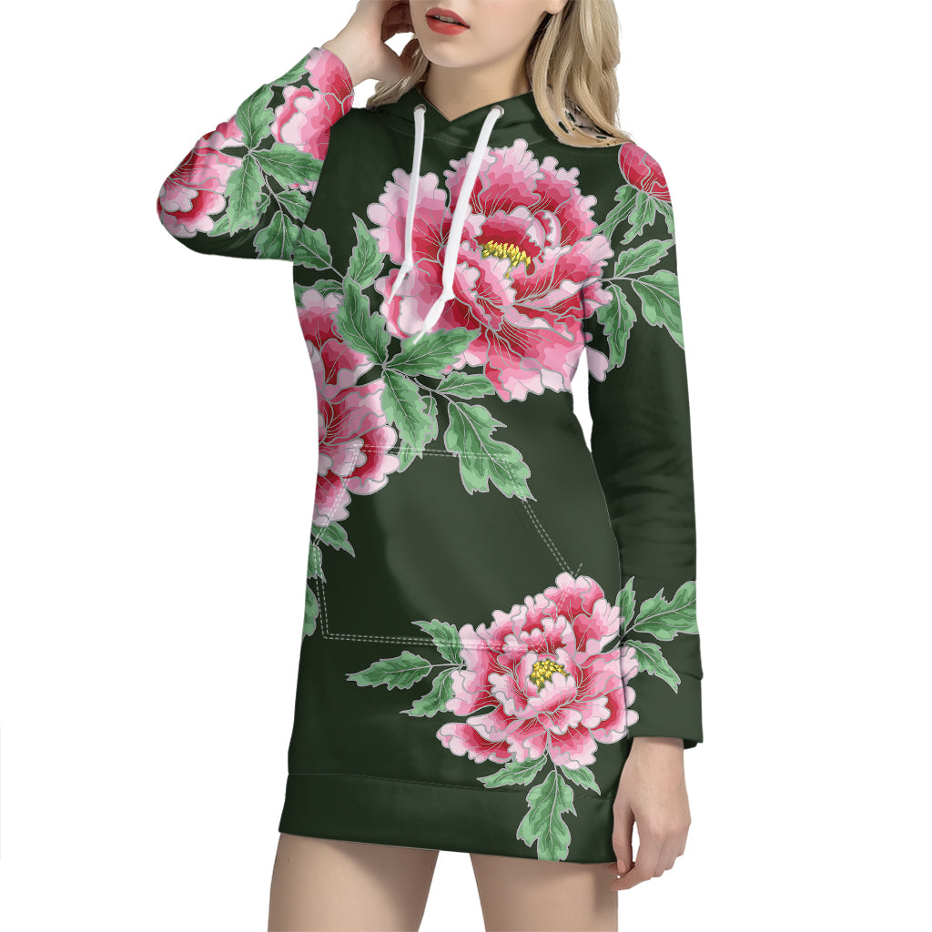 Japanese Peony Print Pullover Hoodie Dress