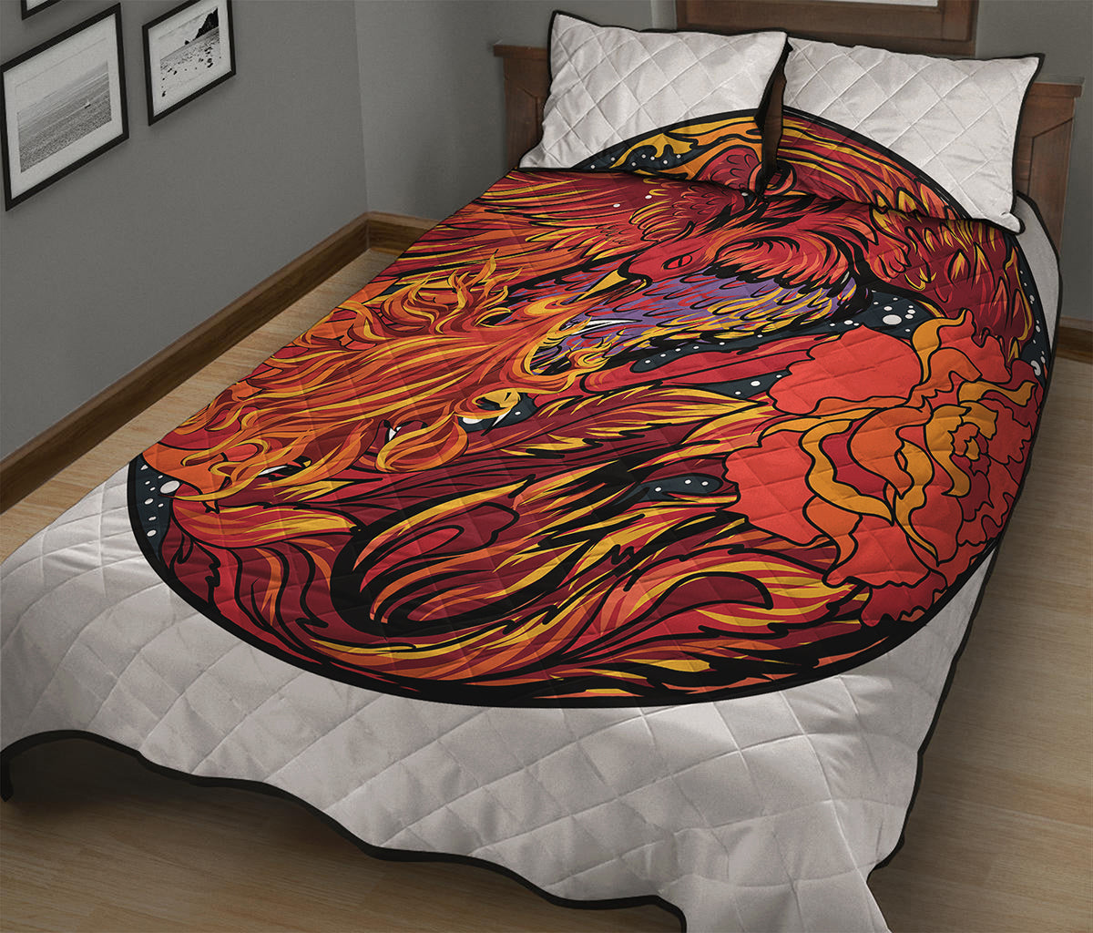 Japanese Phoenix Print Quilt Bed Set
