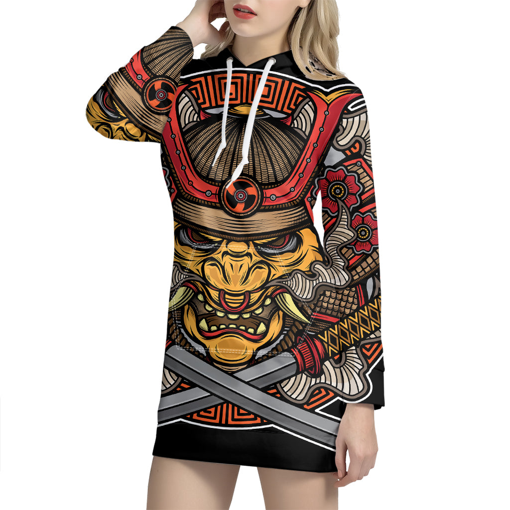 Japanese Samurai Mask Print Pullover Hoodie Dress