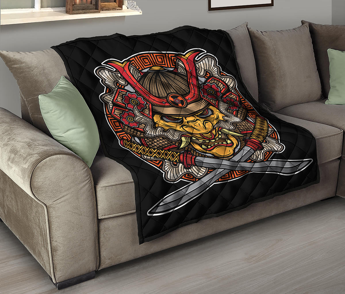 Japanese Samurai Mask Print Quilt