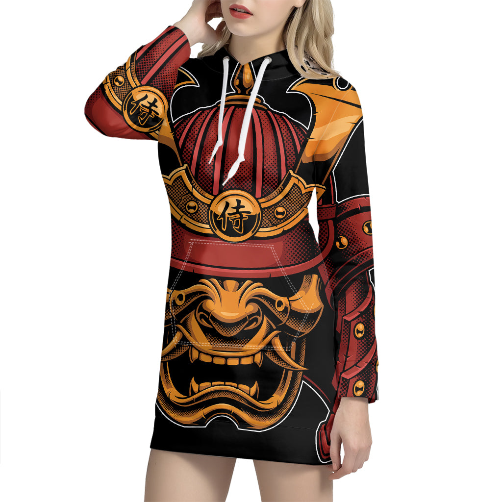 Japanese Samurai Warrior Mask Print Pullover Hoodie Dress