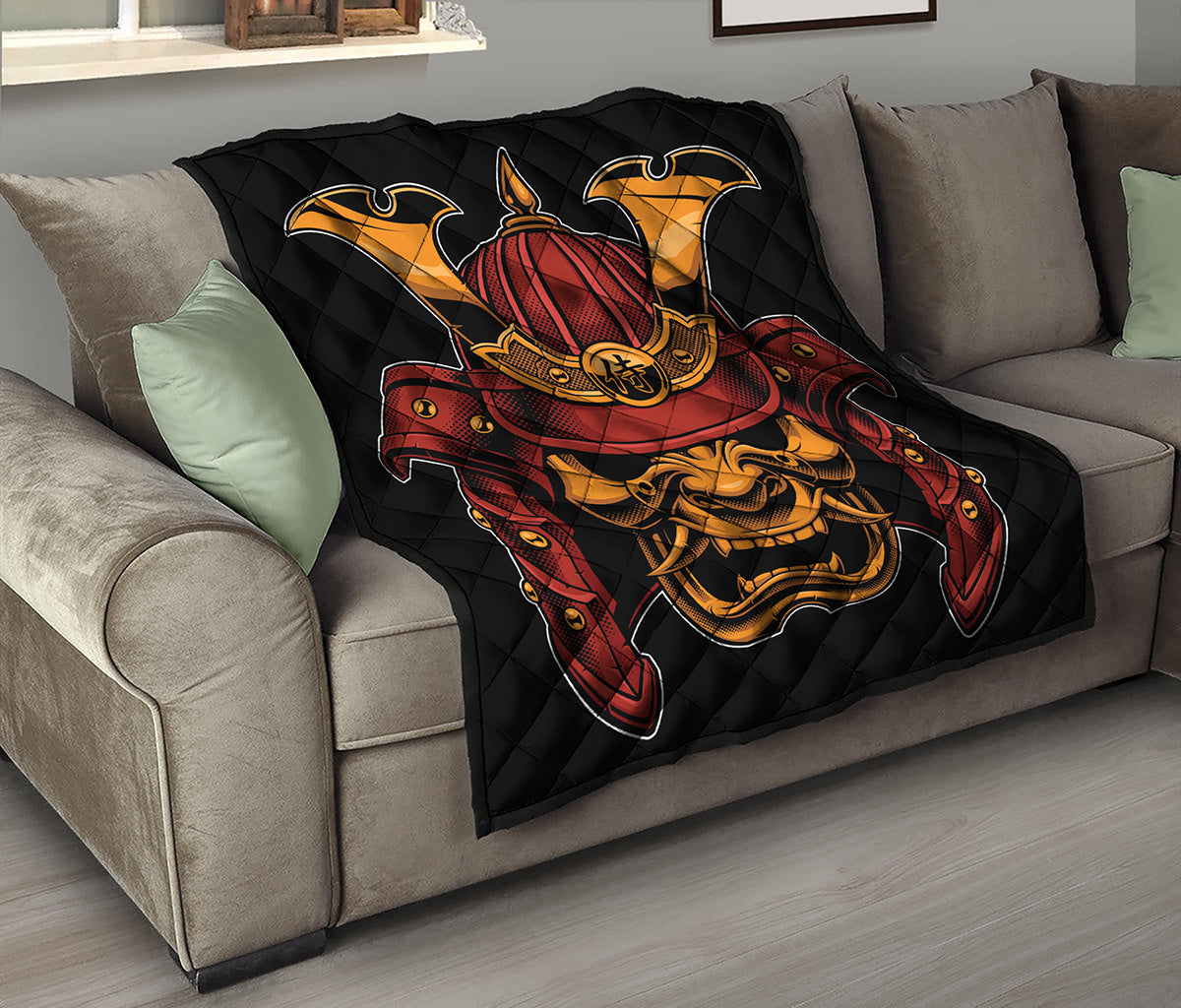 Japanese Samurai Warrior Mask Print Quilt