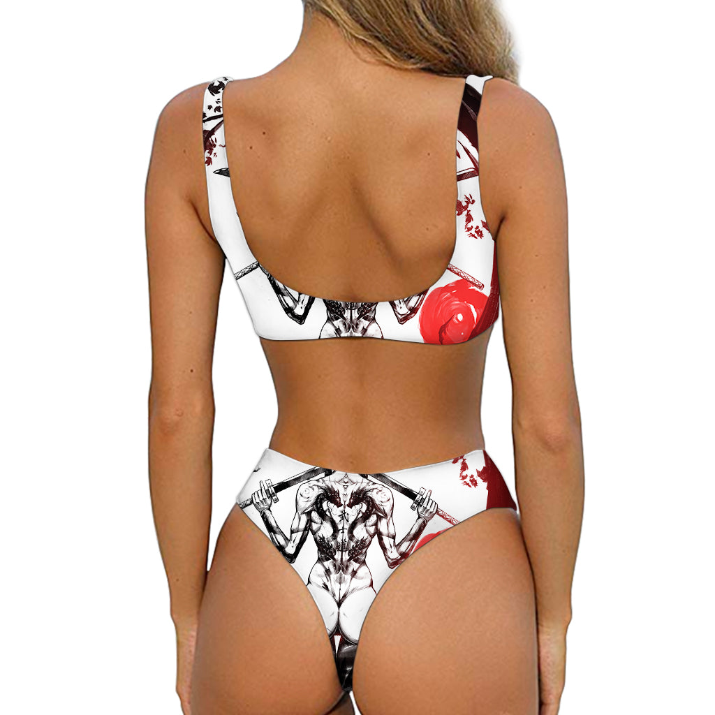 Japanese Samurai Woman Print Front Bow Tie Bikini