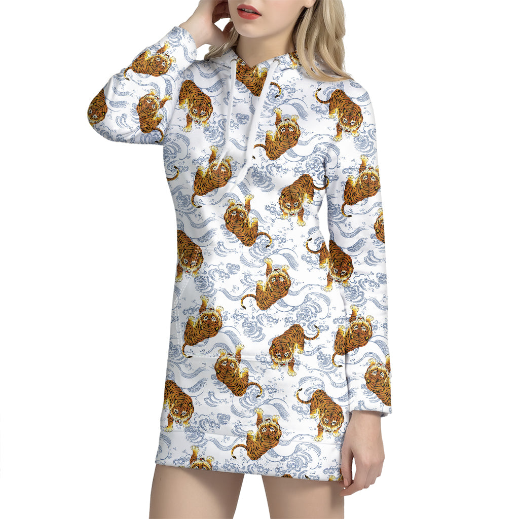 Japanese Tiger Pattern Print Hoodie Dress