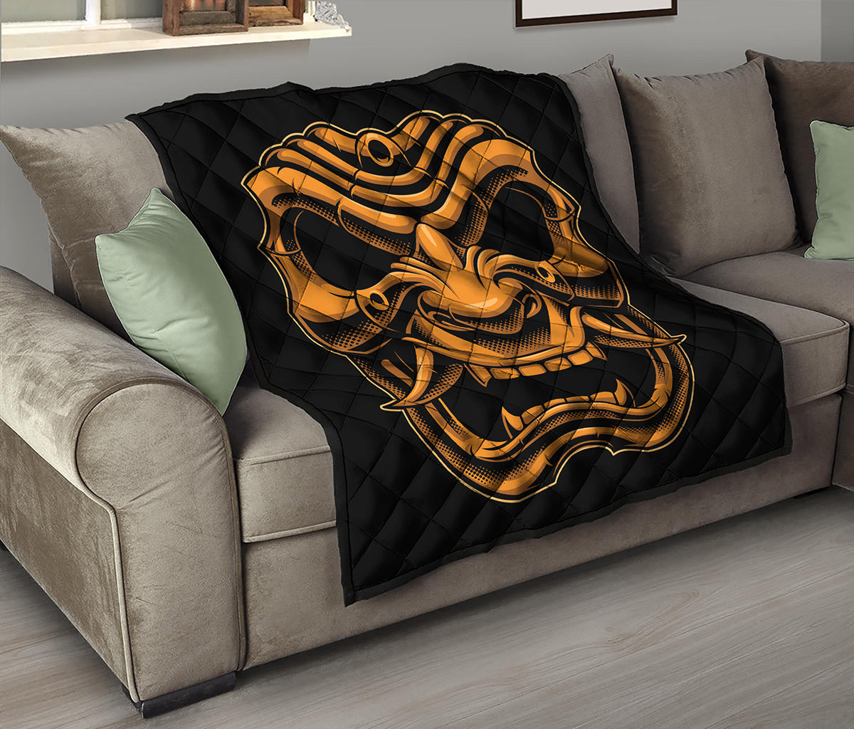 Japanese Warrior Mask Print Quilt