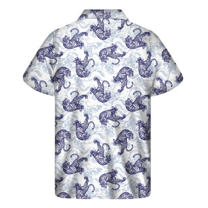 Japanese White Tiger Pattern Print Men's Short Sleeve Shirt