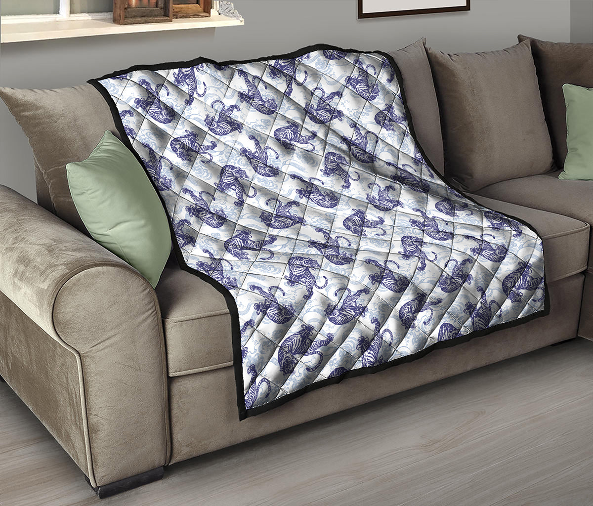 Japanese White Tiger Pattern Print Quilt