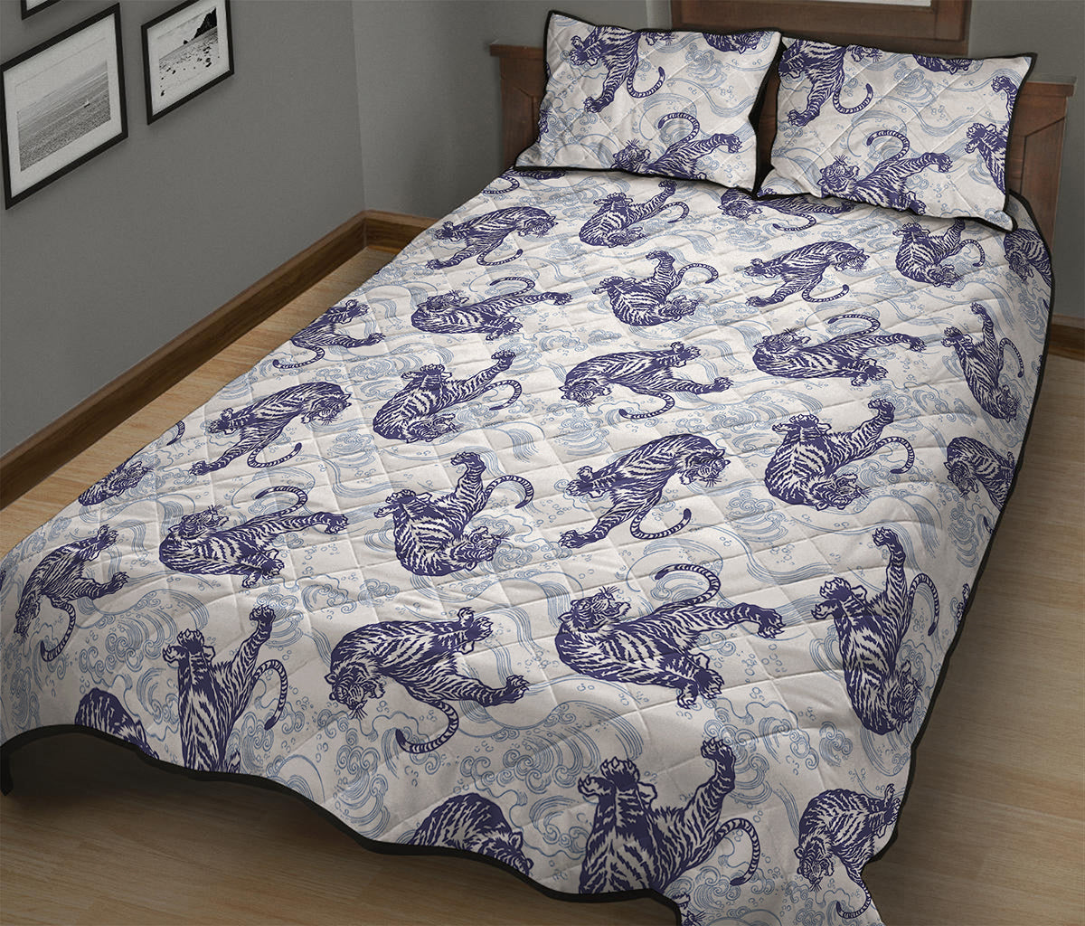Japanese White Tiger Pattern Print Quilt Bed Set
