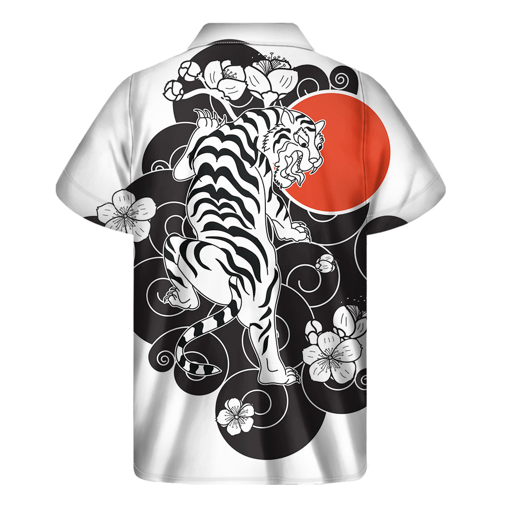 Japanese White Tiger Tattoo Print Men's Short Sleeve Shirt