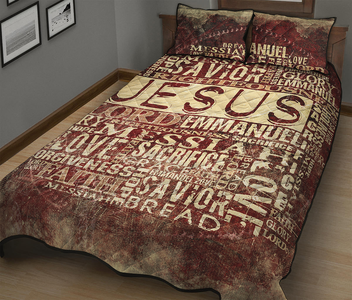 Jesus Religious Words Print Quilt Bed Set