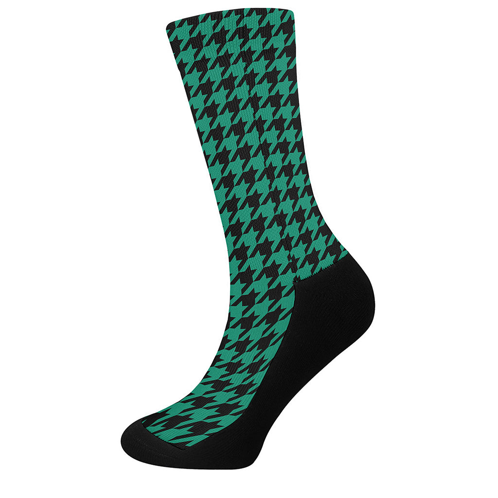 Jungle Green And Black Houndstooth Print Crew Socks