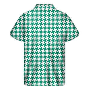Jungle Green And White Houndstooth Print Men's Short Sleeve Shirt