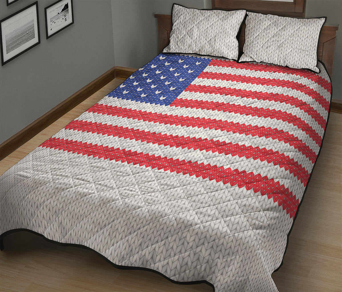 Knitted American Flag Print Quilt Bed Set