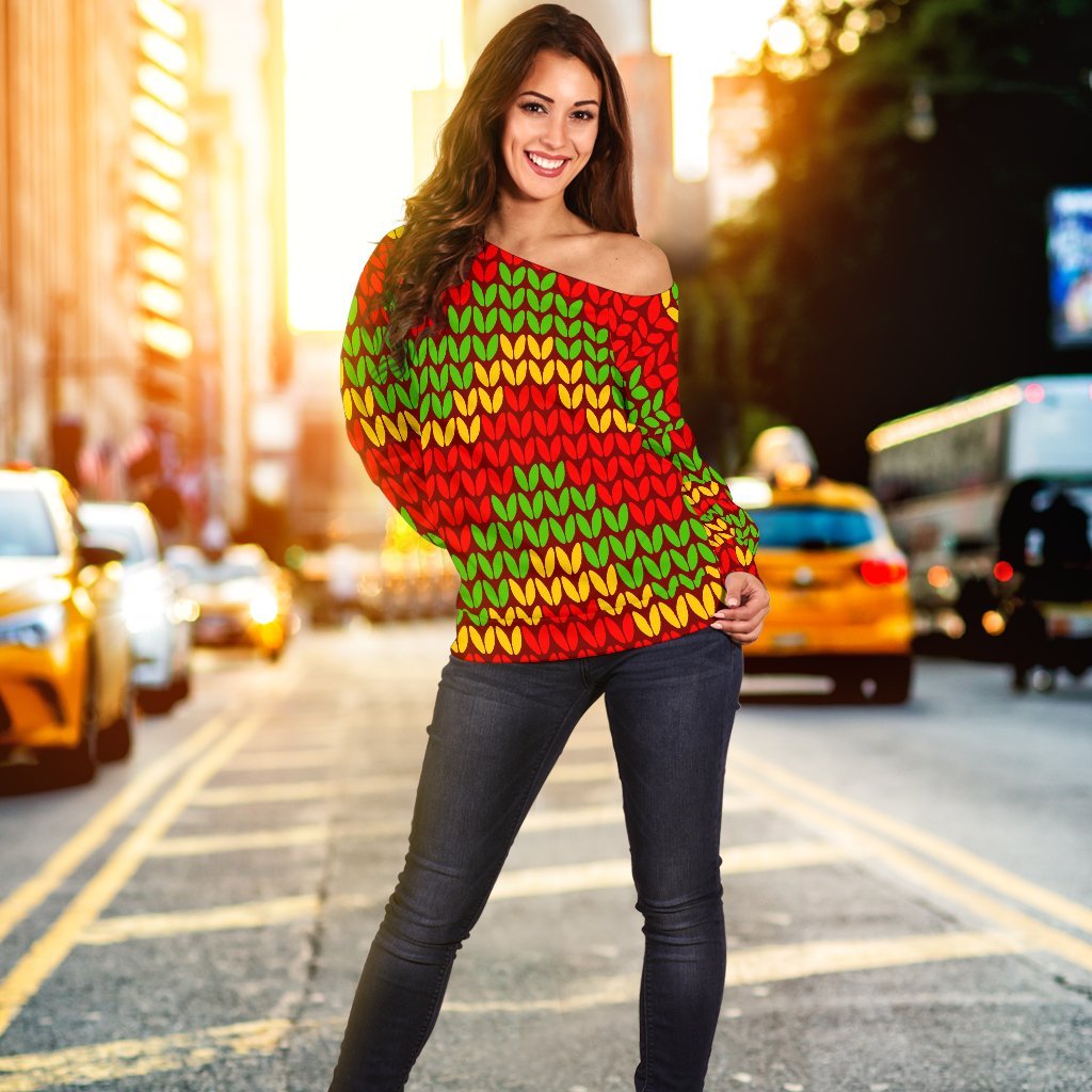 Knitted Reggae Pattern Print Off Shoulder Sweatshirt GearFrost