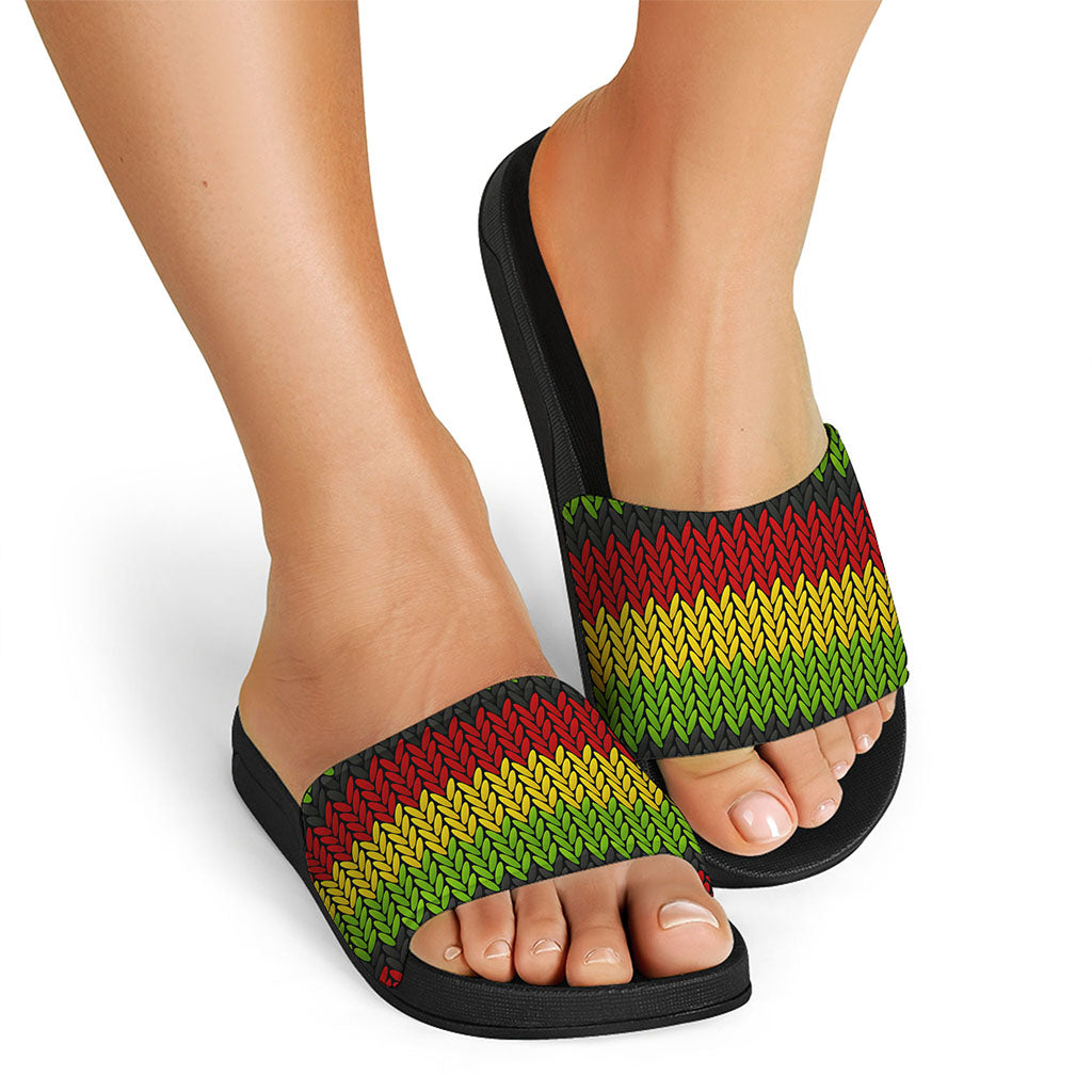 Knitted Style Reggae Pattern Print Black Slide Sandals