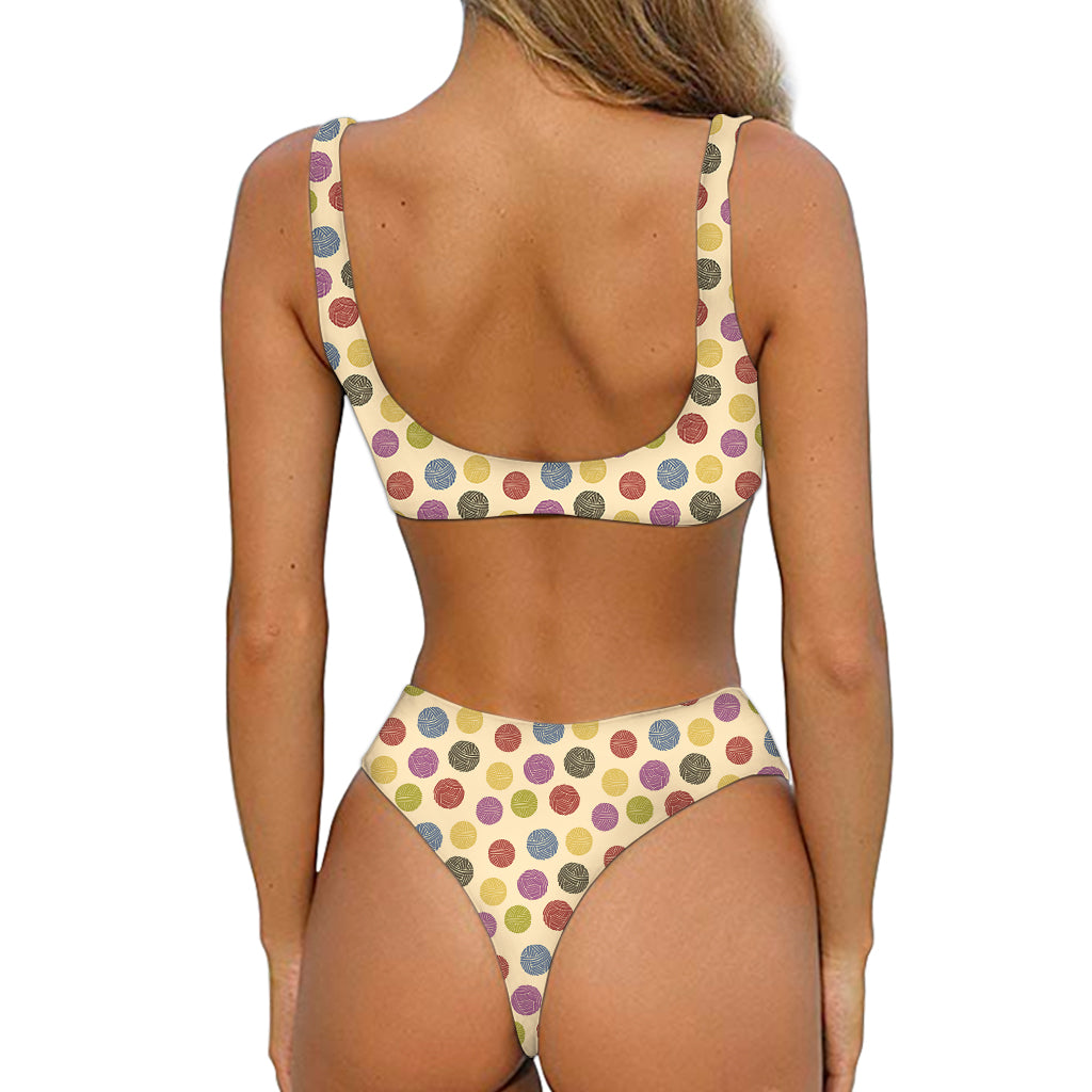 Knitting Yarn Pattern Print Front Bow Tie Bikini